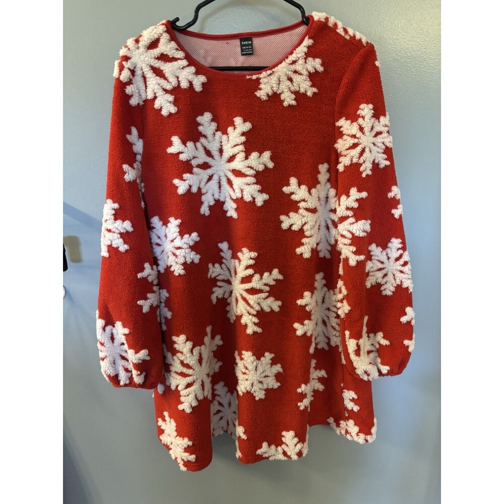 SHEIN Women’s Belted Snowflake Dress Red & White Size Large